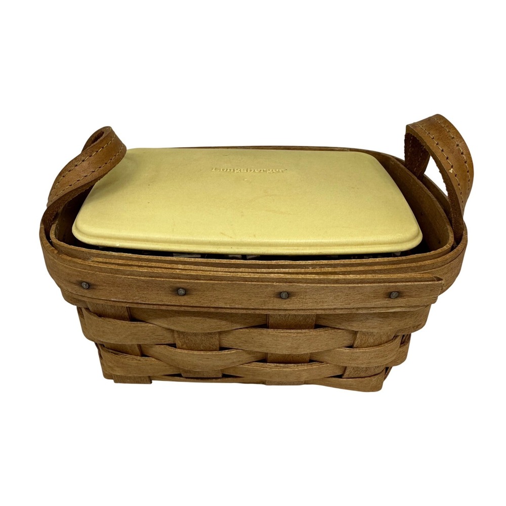 VTG Longaberger Tea Basket Brown 2004 Woven Wood Plastic Liner Lid 7x5x4